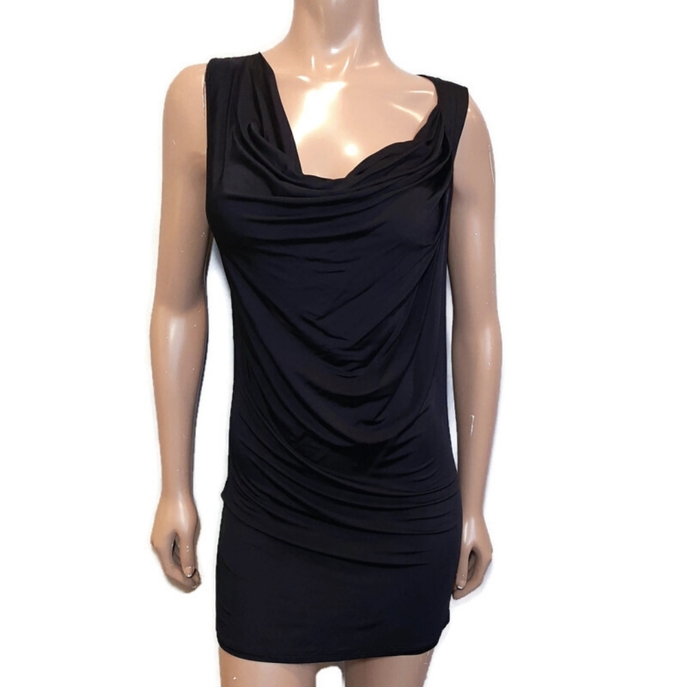 Melanie Lyne Cowl Neck Sleeveless Mini Slip Dress Asymmetric Black Size Medium